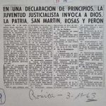 Crónica. En una declaración de principios, la juventud justicialista invoca a dios, la patria, San Martín, Rosas y Perón.